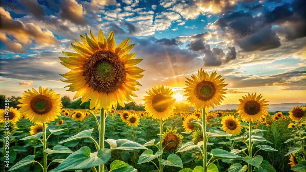 Vibrant sunflowers standing tall amidst a lush green meadow, warm sunlight casting a gentle glow on the serene summer landscape with fluffy white clouds. Vibrant sunflowers standing tall amidst a lush green meadow, warm sunlight casting a gentle glow on the serene summer landscape with fluffy white clouds.
