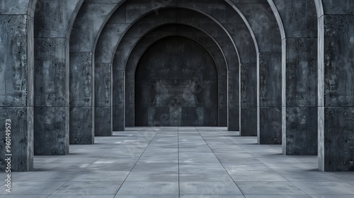 A stunning architectural interior featuring concrete arches and a spacious floor, ideal for modern and minimalist design concepts.