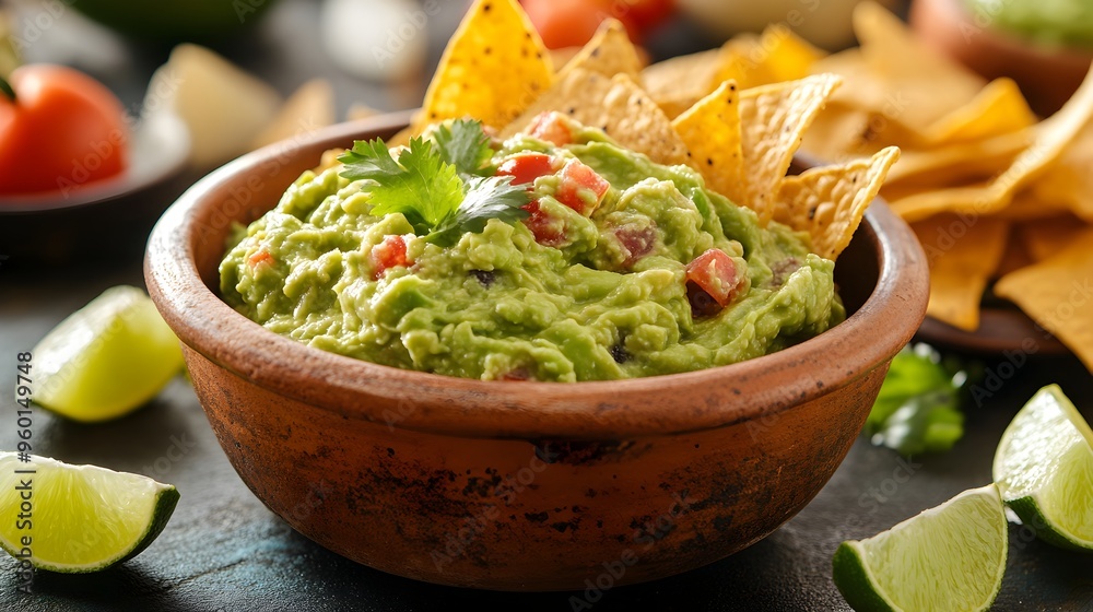 Fresh Homemade Guacamole in a Rustic Bowl Surrounded by Tortilla Chips and Salsa Fresh Homemade Guacamole in a Rustic Bowl Surrounded by Tortilla Chips and Salsa