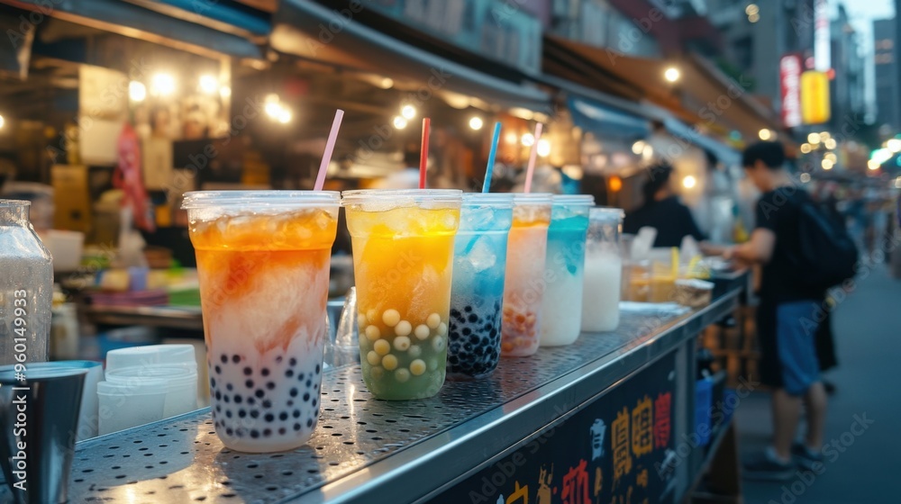 A night market in Taiwan with vendors selling bubble tea, colorful drinks with tapioca pearls A night market in Taiwan with vendors selling bubble tea, colorful drinks with tapioca pearls