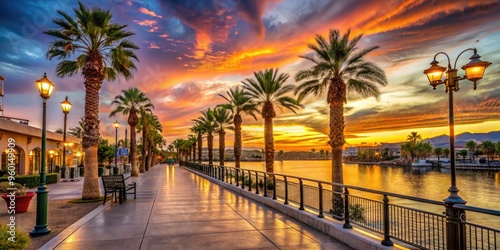 Vibrant sunset casts a warm glow on the pedestrian walkway along the Colorado River, lined with palm trees and shops in Laughlin, Nevada's desert oasis. photo