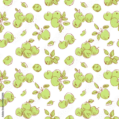 Seamless pattern with sketchy drawings of apples. Apple picking season concept, background template