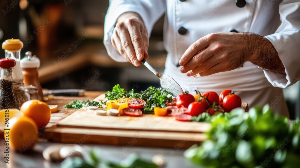 Chef Seasoning a Salad with Salt and Pepper Chef Seasoning a Salad with Salt and Pepper