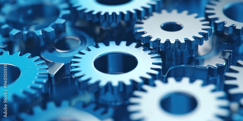 Close-up of Interlocking Metallic Gears in Blue Hues Close-up of Interlocking Metallic Gears in Blue Hues
