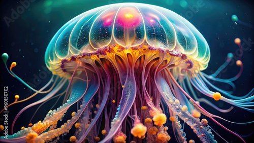 Vibrant, translucent jellyfish body fills the frame, intricate networks of sticky tentacles and stinging cells glisten in mesmerizing, up-close, high-contrast macro detailing. photo