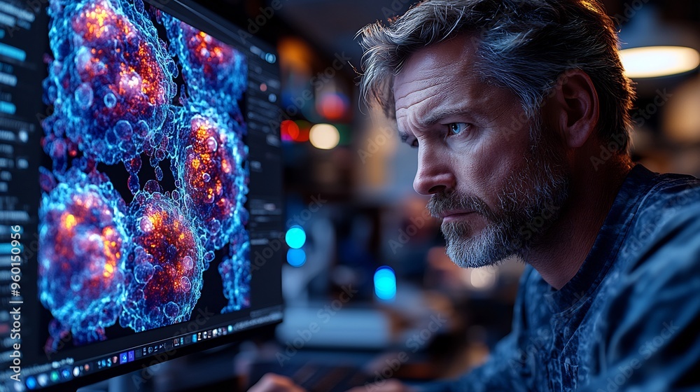 Digital artist creating a hyperrealistic 3D animation of a cellular process on a highperformance computer Digital artist creating a hyperrealistic 3D animation of a cellular process on a highperformance computer