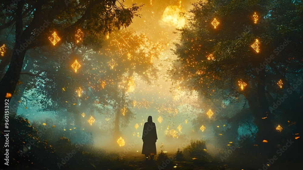 A revered figure stands in a mystical forest, surrounded by glowing, ethereal figures. A revered figure stands in a mystical forest, surrounded by glowing, ethereal figures.