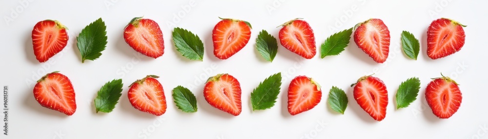 Fresh and Symmetrical Halved Strawberries on White Background Fresh and Symmetrical Halved Strawberries on White Background