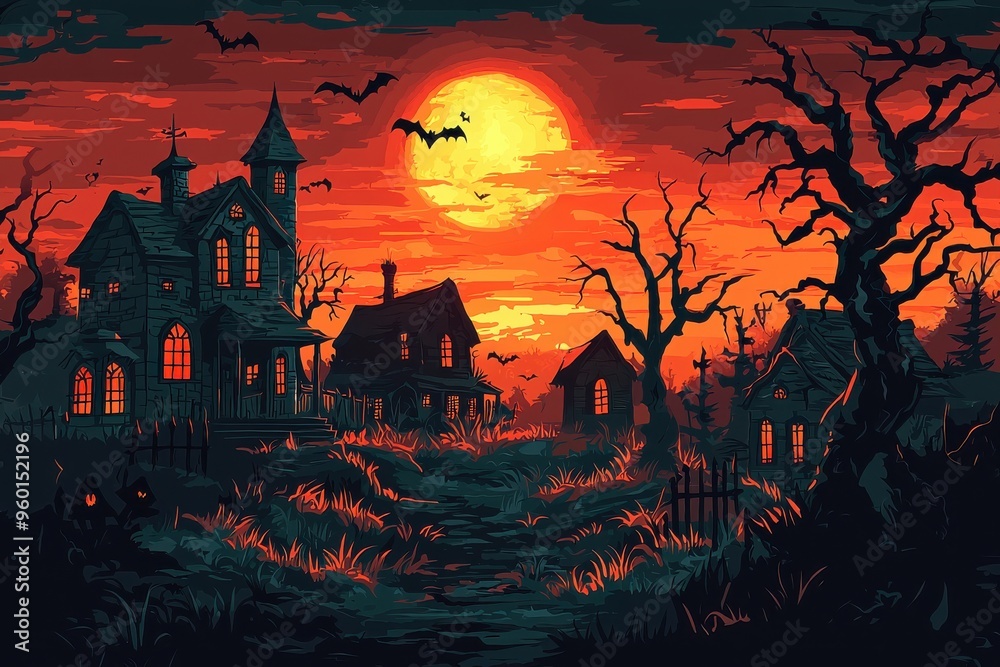 Haunting Halloween landscape with spooky castle and bats against a fiery red sky
