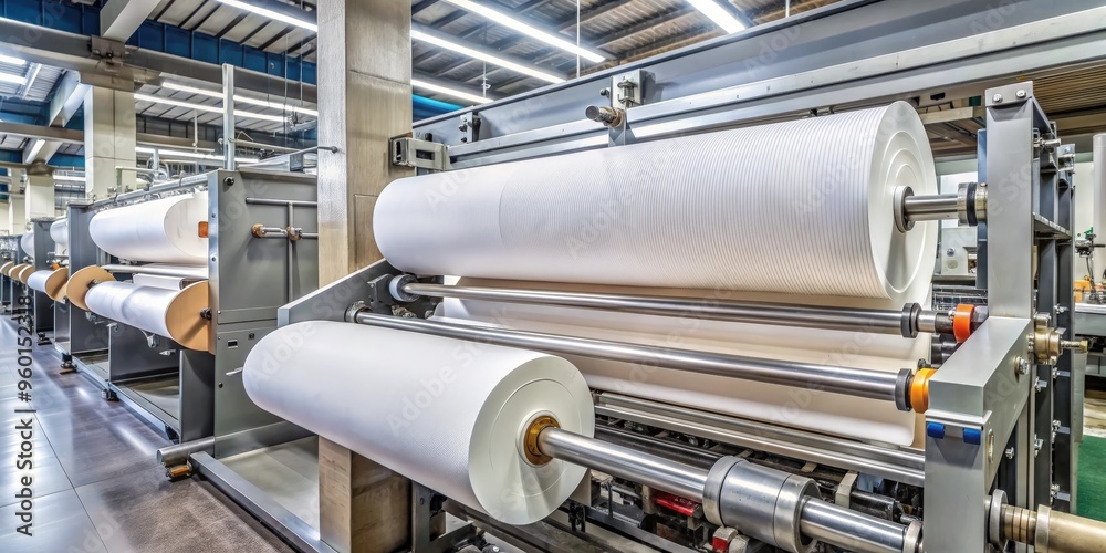 Fragment of an industrial paper production machine producing paper towels Fragment of an industrial paper production machine producing paper towels
