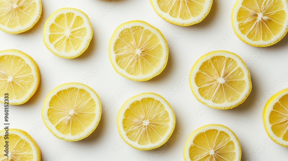 Citrus Delight - Vibrant Flat Lay of Fresh Sliced Lemons on White Background Citrus Delight - Vibrant Flat Lay of Fresh Sliced Lemons on White Background