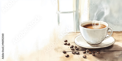 Steaming cup of coffee sitting on table by window
