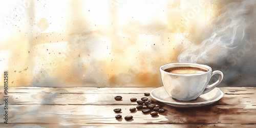 Steaming cup of coffee resting on rustic wooden table