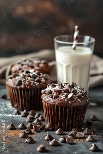 Chocolate chip muffins with a glass of milk