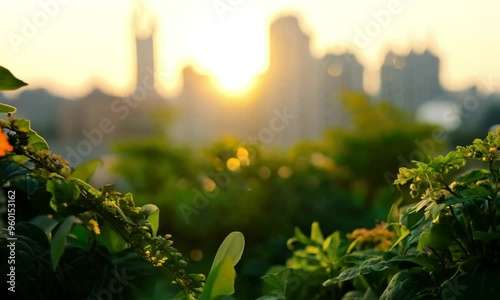 Skyscrapers of city corporate buildings with trees in bright sunlight