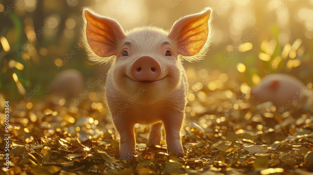 Fototapeta premium 4h photorealistic image of a piglet with happy face standing on golden road