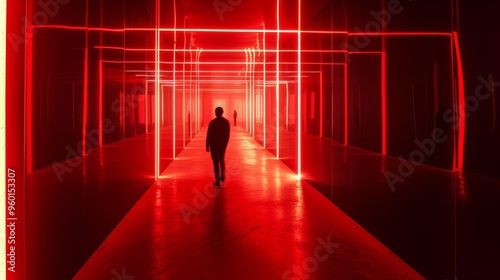 A man stands in a red-lit futuristic corridor with geometric light patterns on the walls, creating a dramatic and otherworldly atmosphere. The striking red light and structured design suggest a high photo