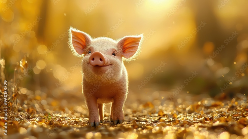 Fototapeta premium 4h photorealistic image of a piglet with happy face standing on golden road