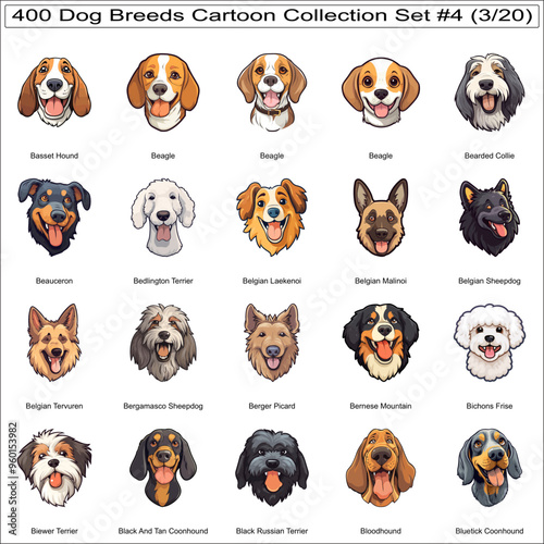 Funny Dog Breeds Cartoon Characters Cute Dogs Bundle Collection Set 4 of 400 Dog Faces Isolated Part 3
