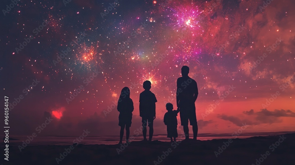 Fototapeta premium Family watching fireworks on a beach, silhouetted against a starry night sky with colorful sparks above
