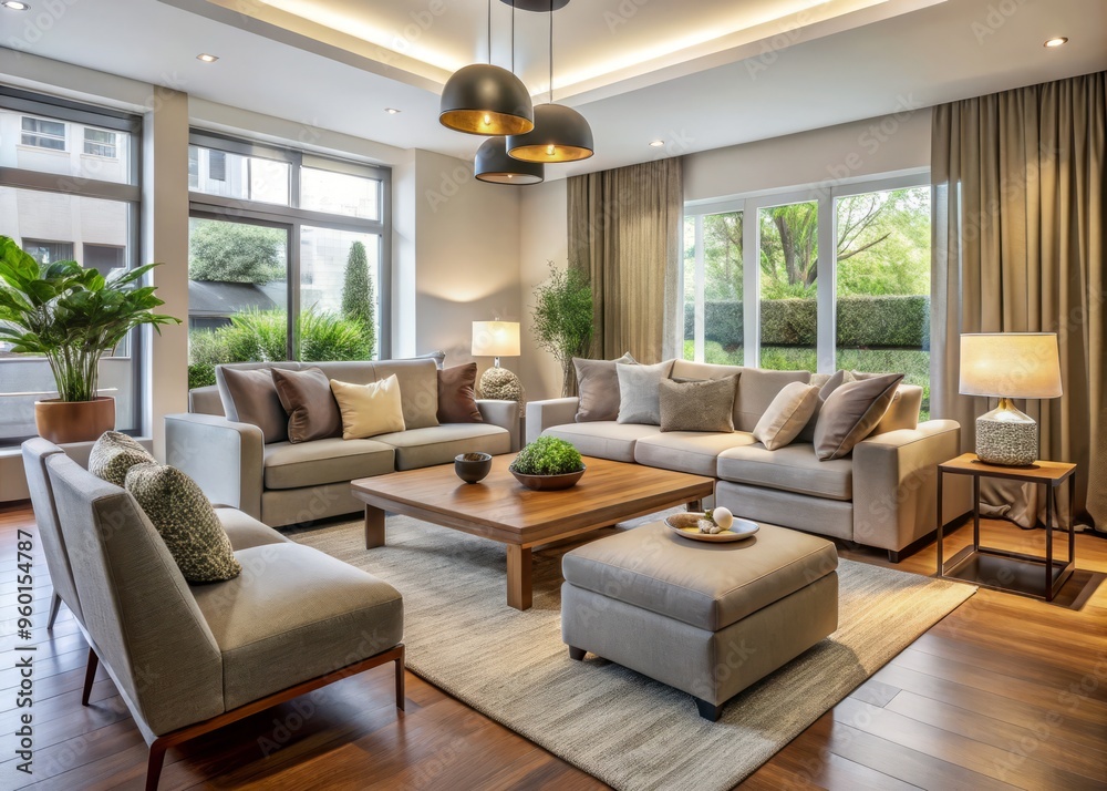 Fototapeta premium Soothing and inviting, this contemporary space boasts comfortable seating and neutral tones, providing an ideal setting