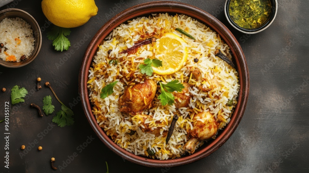 down view of chicken biryani with spices in a clay bowl. down view of chicken biryani with spices in a clay bowl.