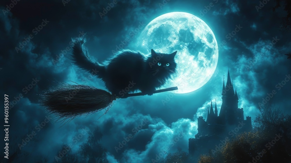Black Cat Flying on a Broomstick Under the Full Moon. generative ai illustration.