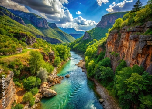 Webcam Footage Of A Peaceful River Flowing Through A Scenic Canyon With Lush Greenery And Distant Mountains