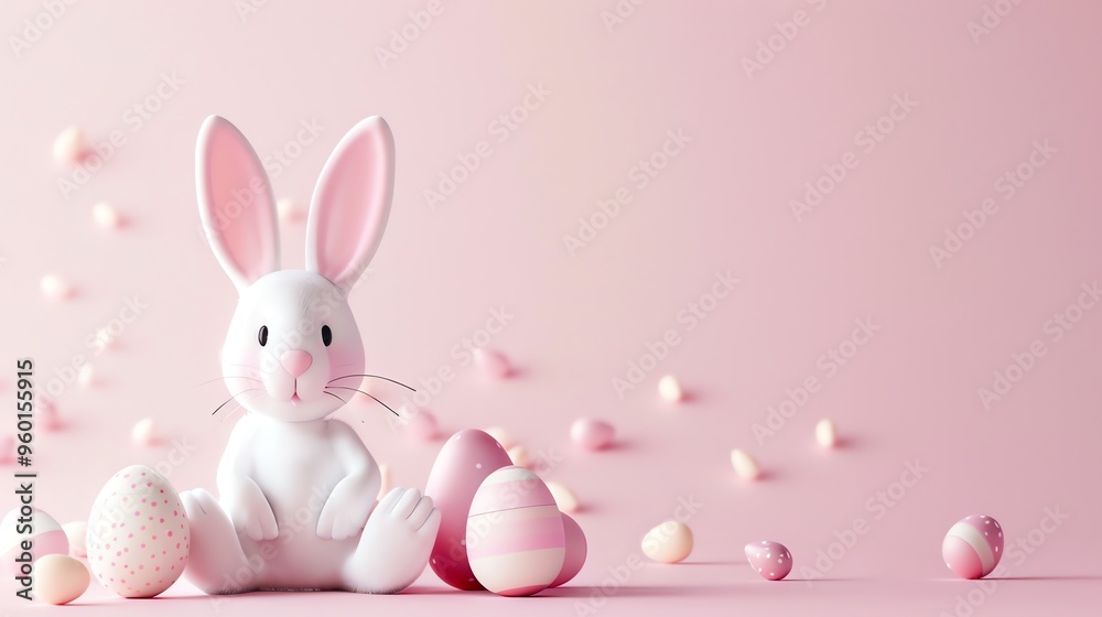 A white bunny with pink ears sitting with decorated Easter eggs against a pink background. A white bunny with pink ears sitting with decorated Easter eggs against a pink background.