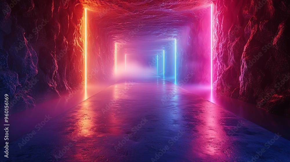3d render, abstract pink blue gradient, neon lines glowing in the dark, with floor reflection, inside the black room 3d render, abstract pink blue gradient, neon lines glowing in the dark, with floor reflection, inside the black room