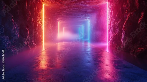 3d render, abstract pink blue gradient, neon lines glowing in the dark, with floor reflection, inside the black room