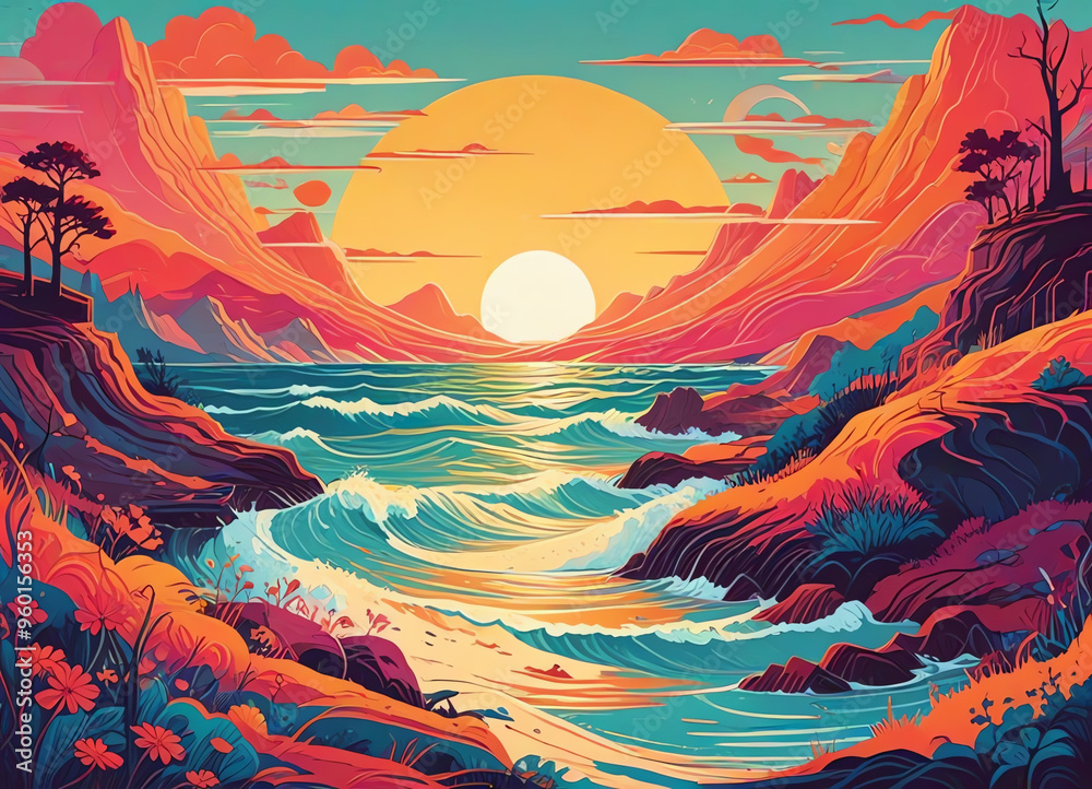 An illustration of a whimsical wavy background during sunset An illustration of a whimsical wavy background during sunset