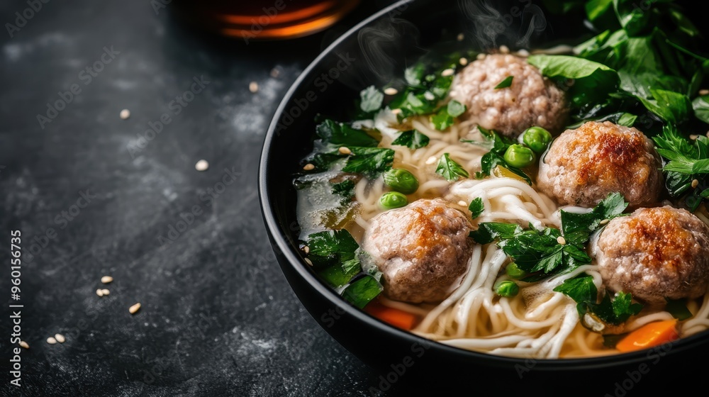 A savory bowl of noodle soup featuring perfectly cooked meatballs and fresh greens on a dark surface, offering a warm, satisfying, and nutritious meal experience. A savory bowl of noodle soup featuring perfectly cooked meatballs and fresh greens on a dark surface, offering a warm, satisfying, and nutritious meal experience.