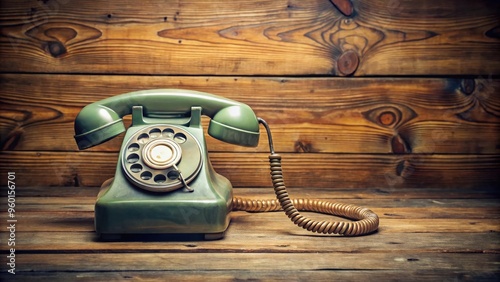 Vintage rotary telephone sitting on rustic wooden table photo