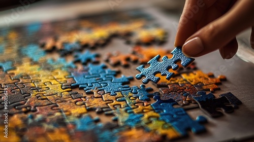 A close-up of a puzzle piece being placed into the correct spot, fitting perfectly into the picture