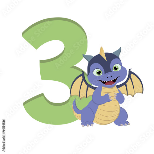 Cute cartoon dragon with number 3 for birthday.
