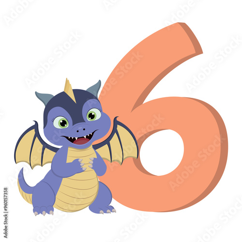 Cute cartoon dragon with number 6 for birthday.