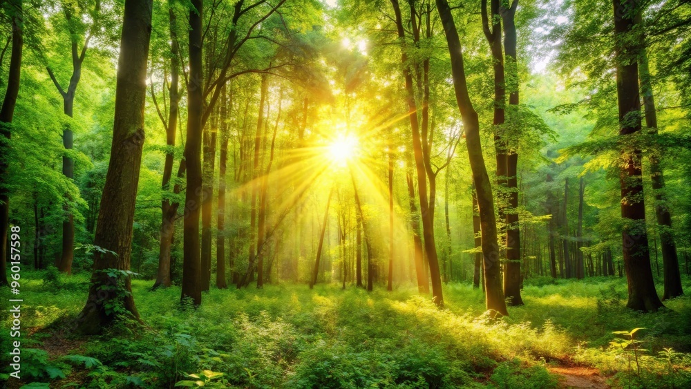 Golden sun shining through lush green trees in a peaceful forest setting Golden sun shining through lush green trees in a peaceful forest setting