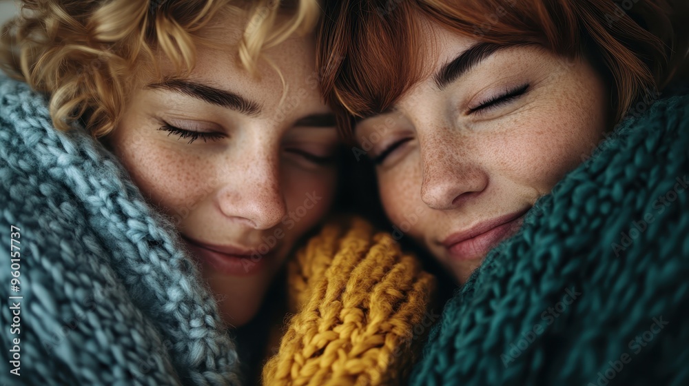 A close-up of two women, warmly nestled side-by-side, wrapped in cozy knitted scarves, exuding warmth, comfort, and a sense of peaceful companionship. A close-up of two women, warmly nestled side-by-side, wrapped in cozy knitted scarves, exuding warmth, comfort, and a sense of peaceful companionship.