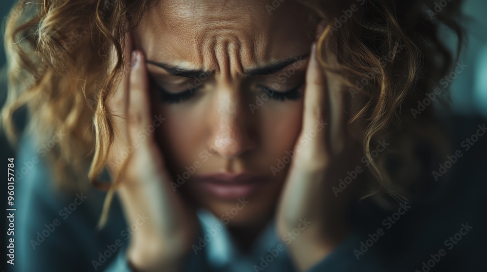 A woman with curly hair clenches her head in her hands, conveying a powerful expression of stress, worry, and deep contemplation during a challenging moment. A woman with curly hair clenches her head in her hands, conveying a powerful expression of stress, worry, and deep contemplation during a challenging moment.