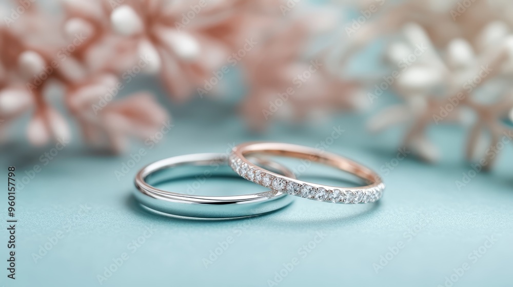A pair of interlinked wedding rings, one encrusted with diamonds, is elegantly displayed with floral decor, signifying love, commitment, and eternal bond in marriage. A pair of interlinked wedding rings, one encrusted with diamonds, is elegantly displayed with floral decor, signifying love, commitment, and eternal bond in marriage.