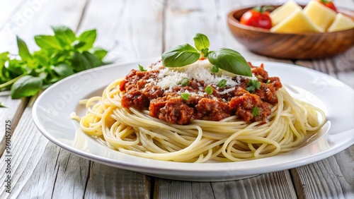 Traditional spaghetti bolognese served in a white plate with grated cheese on top