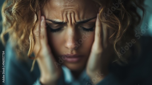 A woman with curly hair clenches her head in her hands, conveying a powerful expression of stress, worry, and deep contemplation during a challenging moment.