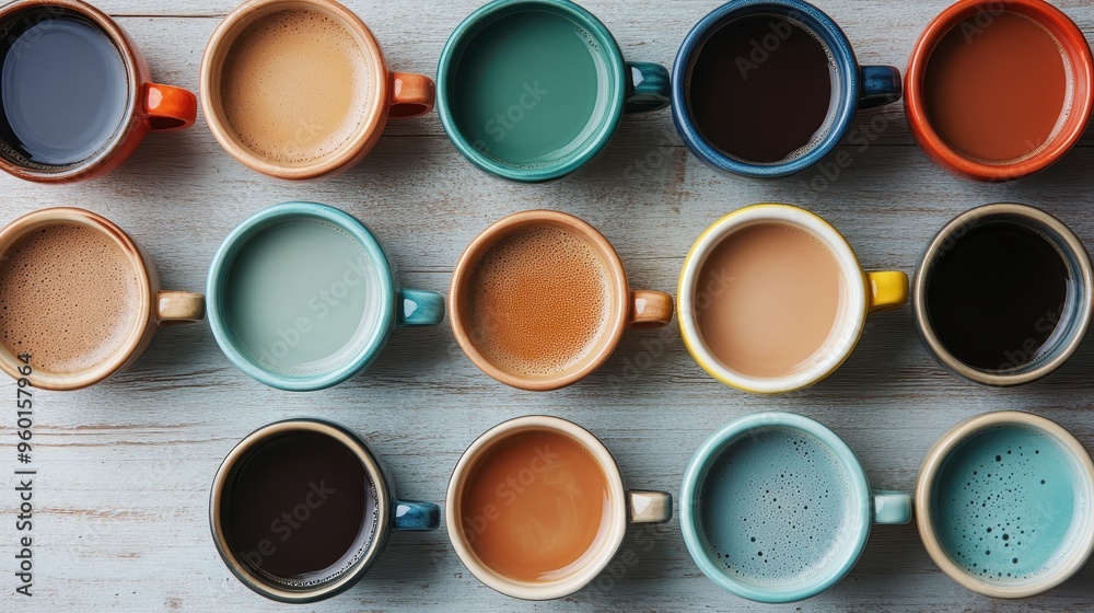 An overhead shot of various coffee mugs, all different in colors and types, neatly arranged in a grid-like fashion, capturing the vibrant diversity of coffee culture and presentation. An overhead shot of various coffee mugs, all different in colors and types, neatly arranged in a grid-like fashion, capturing the vibrant diversity of coffee culture and presentation.