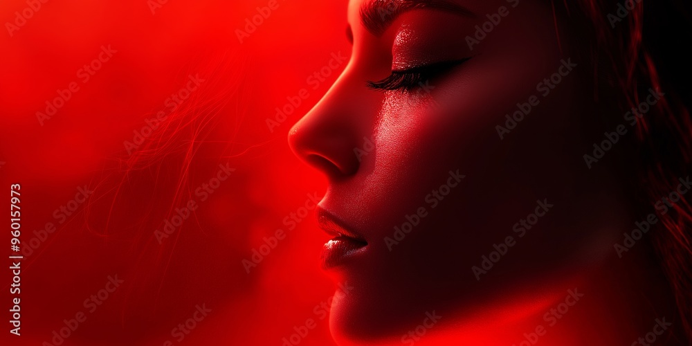 A woman in a red haze with subtle blurred lines and shapes, creating a sense of mystery and intrigue. A woman in a red haze with subtle blurred lines and shapes, creating a sense of mystery and intrigue.