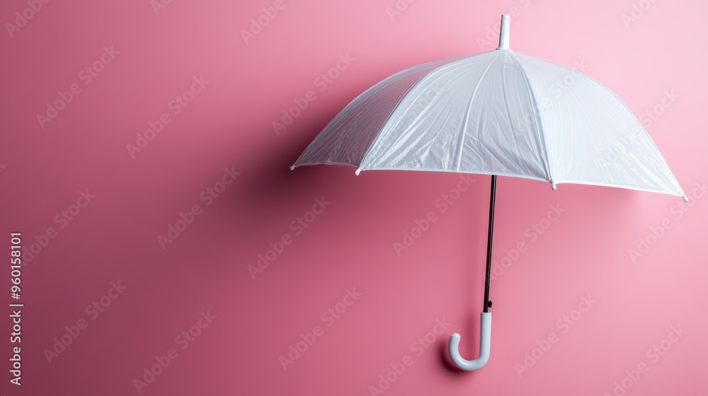 A pristine white umbrella with a curved handle is prominently displayed against a smooth pink background, creating a stark contrast and an eye-catching visual effect. A pristine white umbrella with a curved handle is prominently displayed against a smooth pink background, creating a stark contrast and an eye-catching visual effect.