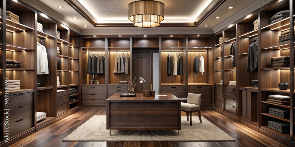 Luxurious modern dressing room featuring dark wood accents and elegant design Luxurious modern dressing room featuring dark wood accents and elegant design