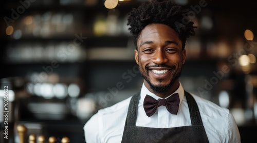 A charismatic waiter wearing an apron and bow tie, bursting with energy and displaying a broad smile, embodying youthful enthusiasm and a welcoming personality in a cozy environment.