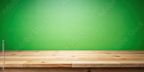 Minimalistic empty wooden table on a vibrant green background