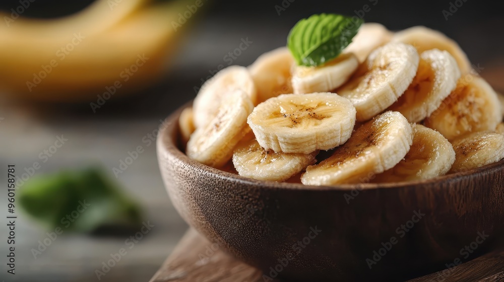 A picture-perfect serving of crispy banana slices arranged in a rustic bowl, crowned with a fresh mint leaf, showcasing the snack's golden texture on an elegant gray surface. A picture-perfect serving of crispy banana slices arranged in a rustic bowl, crowned with a fresh mint leaf, showcasing the snack's golden texture on an elegant gray surface.